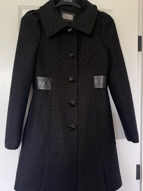 Mackage Black Chevron Wool-Blend Pea Coat with Leather Trim